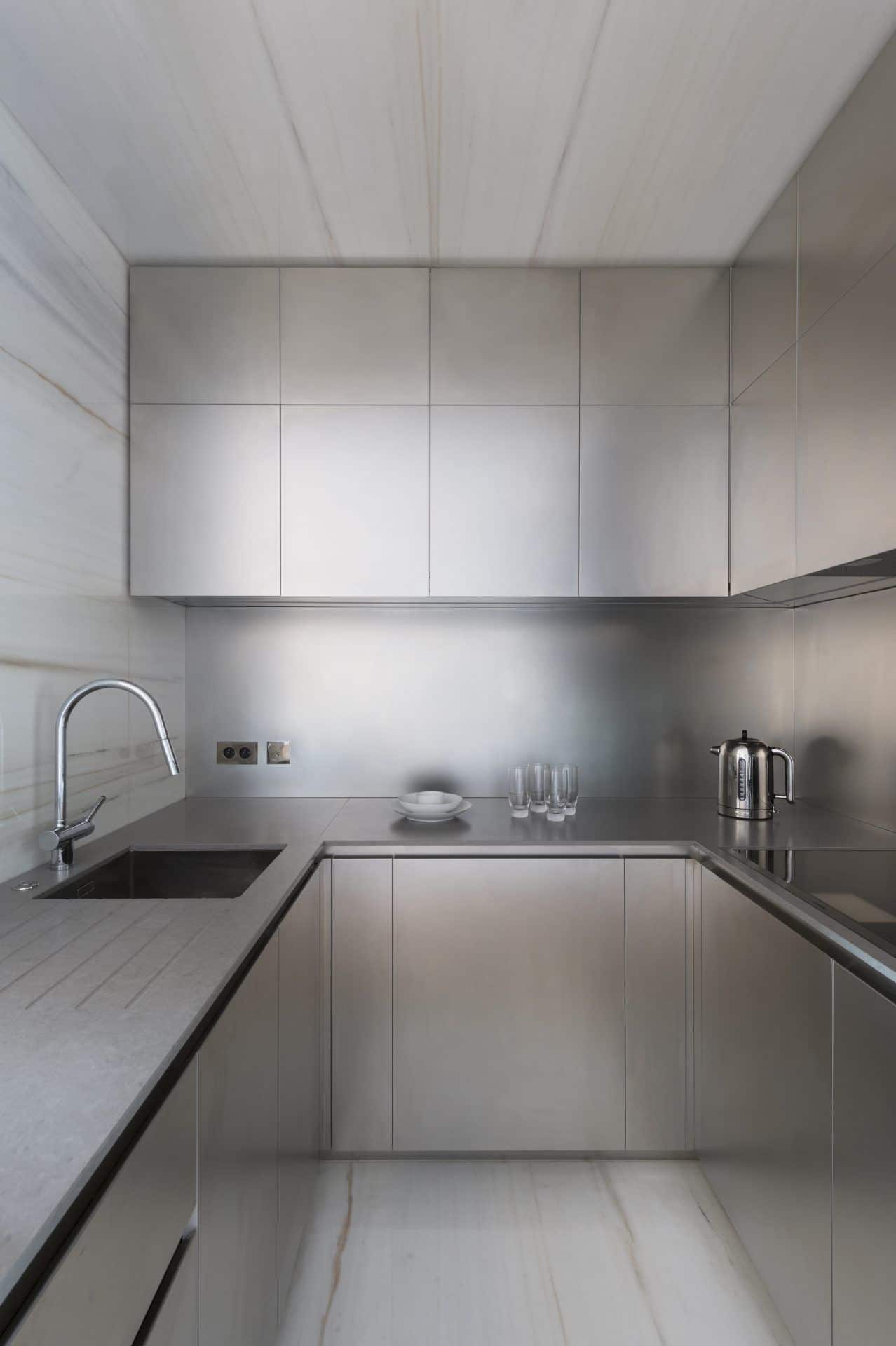 Stainless steel kitchen cabinetry with matte finish 