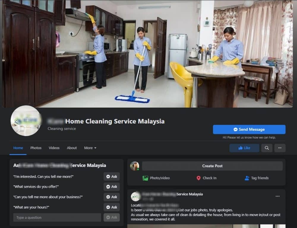 Above: Facebook page for fake house cleaning service in Malaysia