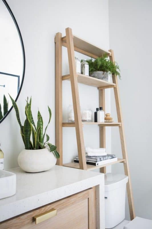 Above: A ladder/learning shelf gives you lots of display space for plants or colour-coordinated bathroom accessories. Photo: planete-deco.fr