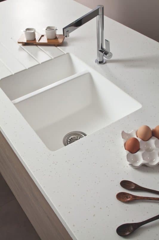 Moulded kitchen sink in solid surface by Bushboard