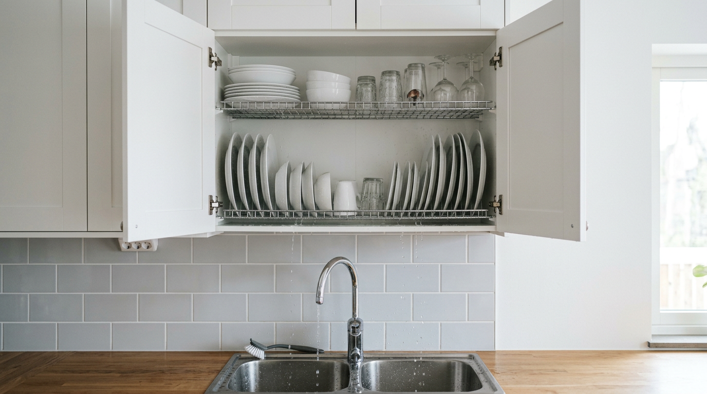 Finnish dish drying cabinet above a kitchen sink