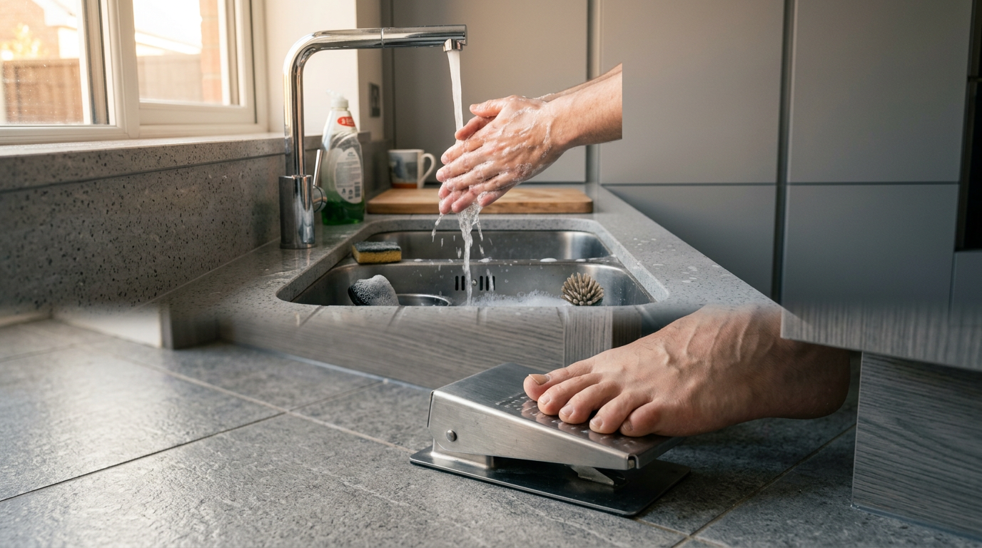 Foot-operated pedal tap in a kitchen